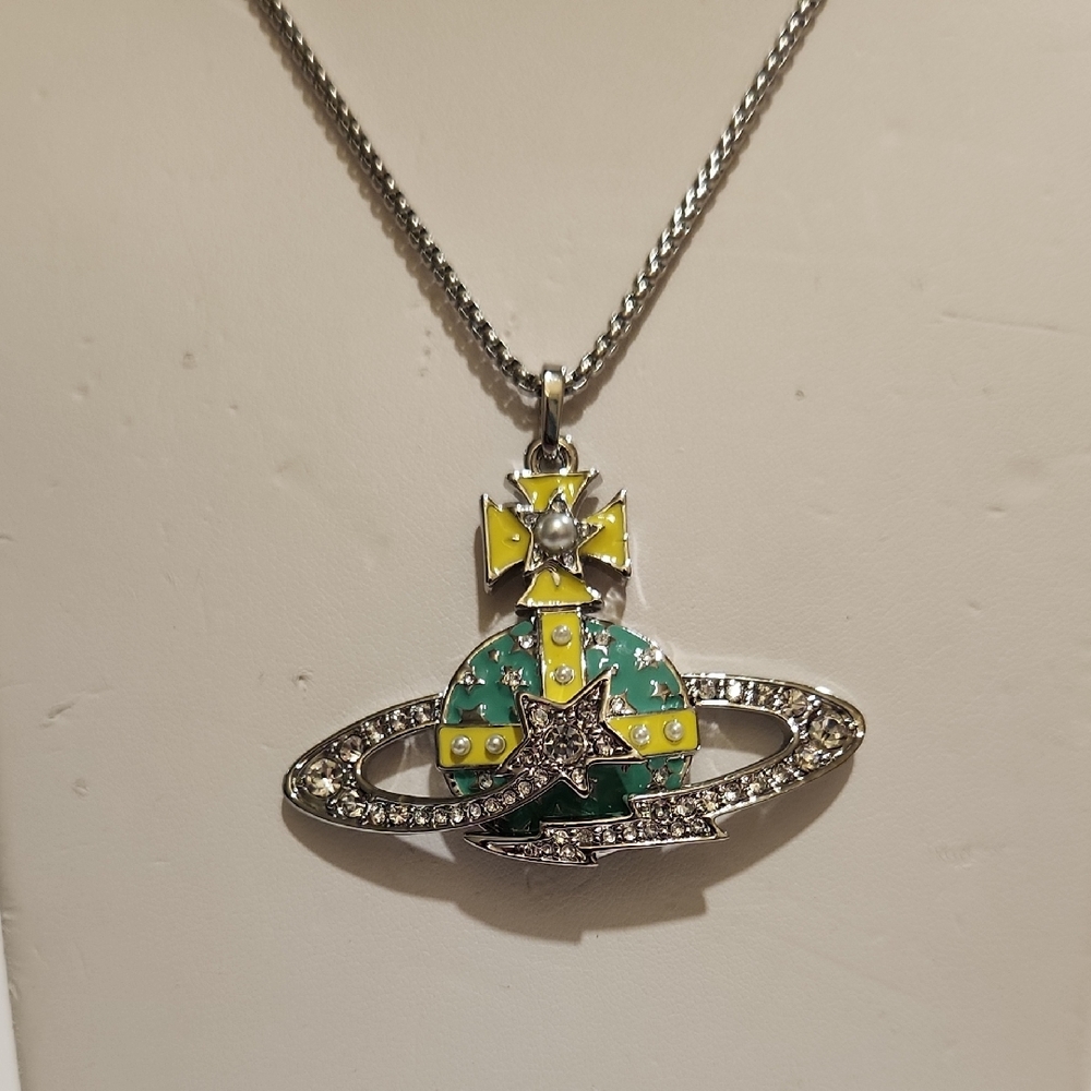 Vivienne Westwood Green and Yellow Orb 17" Necklace